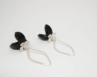 Black Tulip Dangles and lilac flower in Solid Sterling Silver, contemporary style with colorful plexiglass made by hand