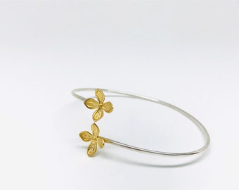 Opened Bangle Bracelet two lilac flowers 14k Gold plated on Sterling Silver . Delicate, stackable bangle, minimalist bracelet