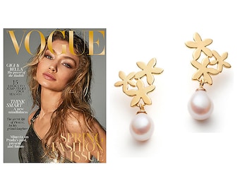 Flakes Earrings in Gold Plated 18k Sterling Silver, White Fresh Water Pearls, chic and elegant, as featured in VOGUE magazine