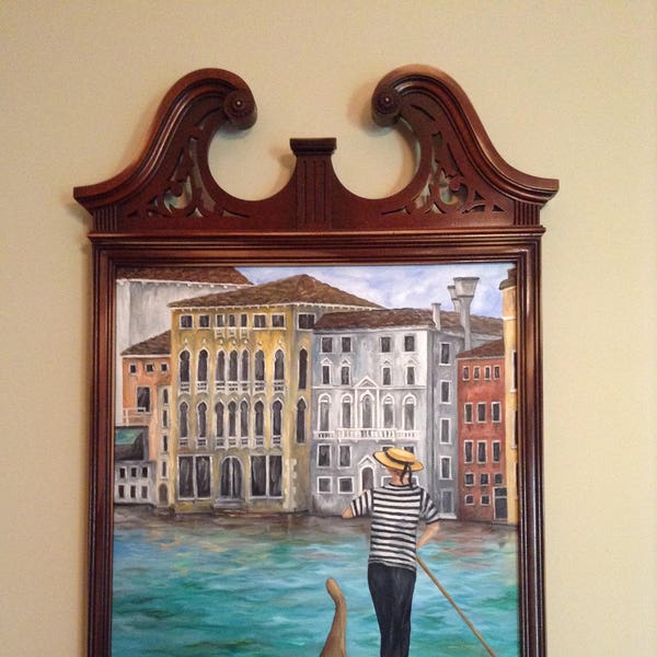 Grand Canal - Original Oil Painting. Distressed vintage frame Venice Italy gondola row boat boats framed original art water cityscape UNIQUE
