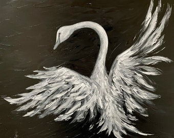 Grace - Original Oil Painting swan black and white bird heron egret