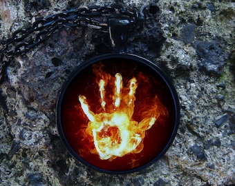 Glowing Necklace Fire Hand / Glowing hand / Glow in the dark / Fire Necklace / Hand Pendant / Flame Jewelry / Glow Jewelry / Light Necklace