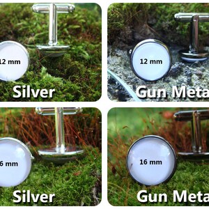 May include: Two pairs of cufflinks, one silver and one gunmetal, with 12 mm and 16 mm round white glass cabochons.