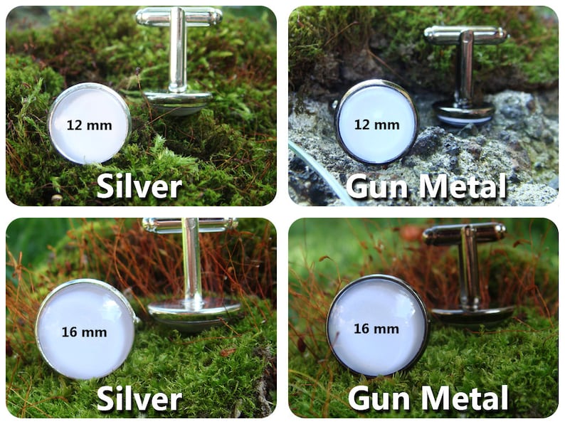 May include: Two pairs of cufflinks, one silver and one gunmetal, with 12 mm and 16 mm round white glass cabochons.