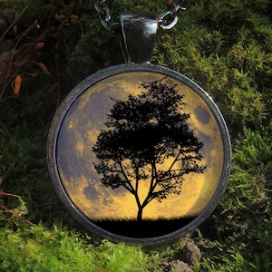 Glow in the dark / Moon and Tree / Glowing necklace / Glowing jewelry / Jewelry glow / Glow in the dark Pendant / Space and Tree / Blue Moon