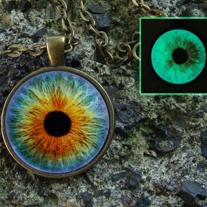 Eye necklace Glow in the dark Eye jewelry Glass pendant Glowing green eye Gothic necklace Eye pendant Human eye Evil eye Steampunk necklace