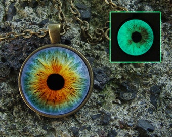 Eye necklace Glow in the dark Eye jewelry Glass pendant Glowing green eye Gothic necklace Eye pendant Human eye Evil eye Steampunk necklace