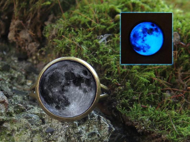 Glowing Moon Ring / Grey Moon / Moon Ring / Planet Ring / Glow in the dark / Glowing Ring / Handmade Ring / Cosmos Ring / Glows / Spase Ring image 1