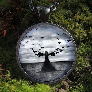 Glow in the dark / Girl in Black / Woman and Crows / Flying Birds / Sky and Earth / Glow necklace/ Glowing pendant / Girl in black dress