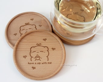Have a sip with me wooden coaster, sprout kun, beech wood
