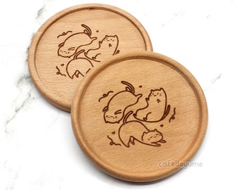 Kitty Yoga wooden coaster, sprout kun, beech wood