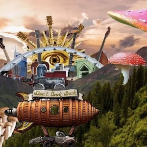 May include: A surreal collage featuring a vintage submarine with the words "Don't Look Back" on the side, flying over a forest with red and white mushrooms. The background includes a cityscape with a giant eye and musical instruments.