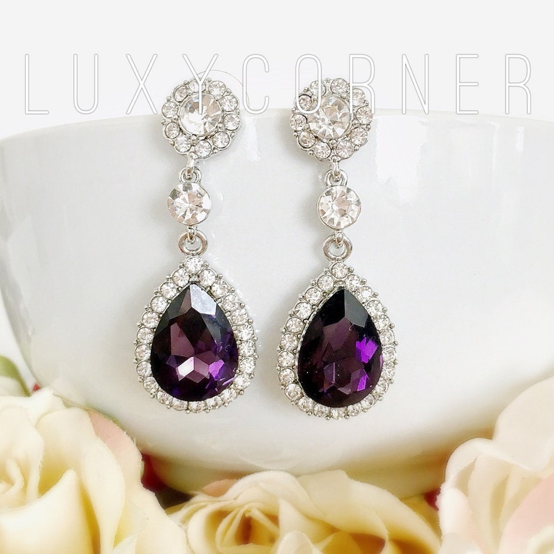 earrings crystal prom Purple Crystal Bridal Earrings homecoming earrings maid of honor Ruby Crystal Drop Earrings wedding
