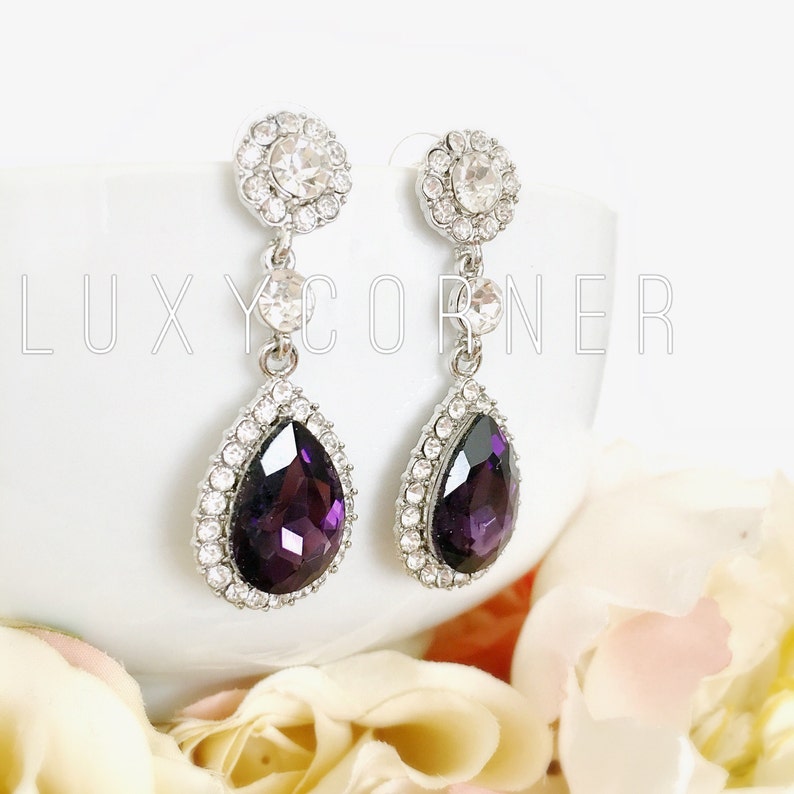 earrings crystal prom Purple Crystal Bridal Earrings homecoming earrings maid of honor Ruby Crystal Drop Earrings wedding