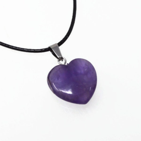 Genuine Amethyst Heart Necklace. Natural Amethyst Black Cord Necklace. Adjustable. Wish Knots. - Healing Gemstone