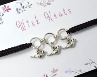 Macrame Bird Charm Bracelet: Little Silver Bird Charms, Adjustable, Choose Colour