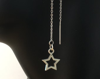 Hollow Star Threader Earrings Pair, Long Drop Silver Plated Chain Threaders - Adjustable Drop