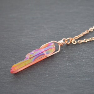 Rose Gold Flame Aura Necklace - Natural   Quartz Crystal, Long Layering Necklace, Rose Gold Plated Chain - Choose Length