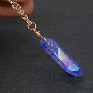 Blue Aura Quartz Necklace: Crystal Point Pendant, Rose Gold Plated Chain