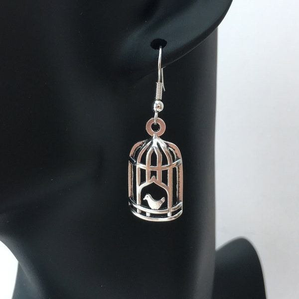 Bird Cage Earrings, Little Bird Birdhouse - Silver Plated