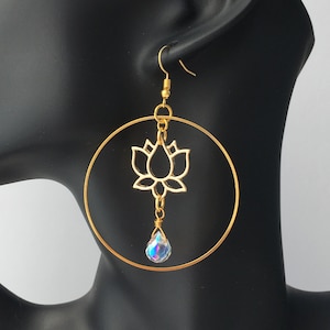 Gold Lotus 2&quot; Hoop Earrings: Crystal Briolette Drop, Gold Plated