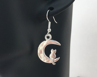 Cat In A Crescent Moon Earrings - Silver Plated Cat Earrings