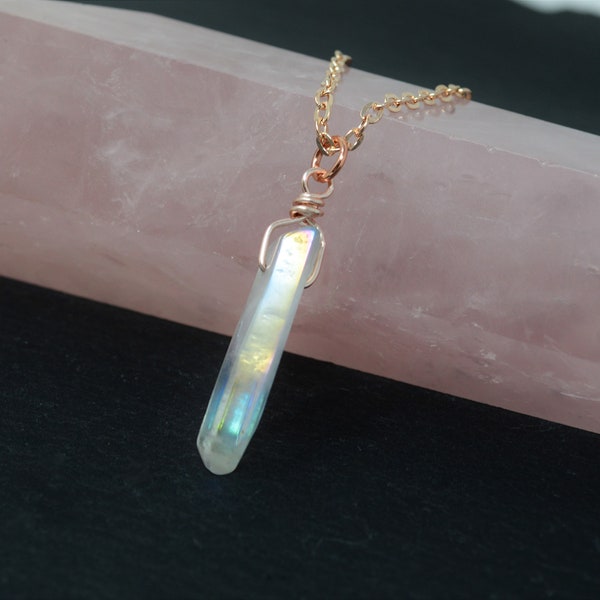 Rose Gold Angel Aura Necklace - Polished Natural   Quartz Crystal, Long Layering Necklace, Rose Gold Plated Chain - Choose Length