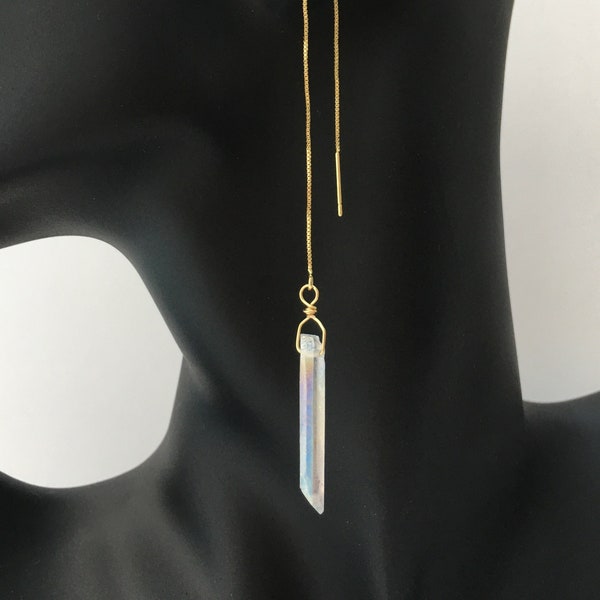 Genuine Angel Aura Quartz Threader Earrings Pair, Long Gold Plated Chain Threaders - Healing Gemstone