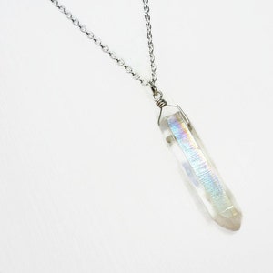 Angel Aura Crystal Necklace - Natural   Quartz. Long Layering Necklace - Choice of Chain & Length