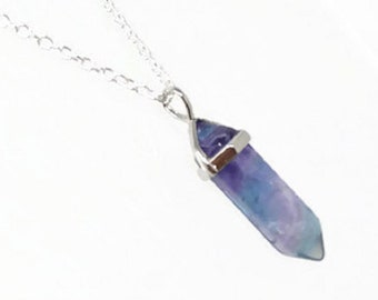 Genuine Fluorite Gemstone Point Necklace. Rainbow Fluorite Bullet Pendant Necklace, Choose Length. Wish Knots - Healing Gemstone