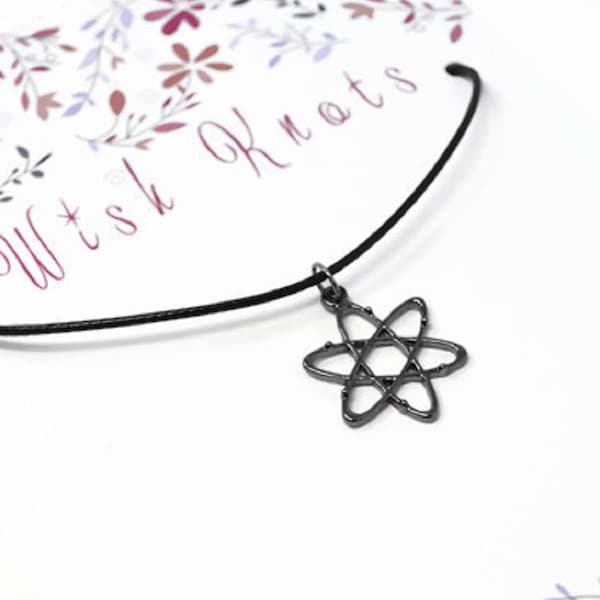 Gunmetal Black Atom Necklace. Molecule Pendant. Unisex Necklace. Science Necklace. Adjustable Black Cotton Cord Necklace