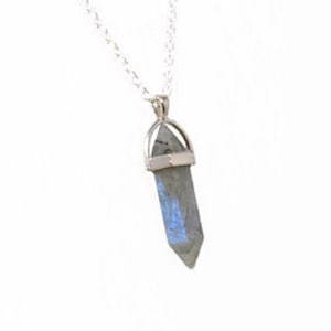 May include: A silver chain necklace with a silver pendant featuring a grey labradorite crystal point.