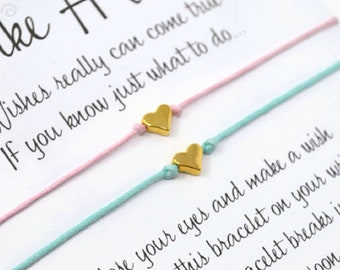 Pair of Gold Heart Wish Bracelets - Set of 2 Friendship Bracelets - Choice of Colours. Heart Charm String Bracelet.