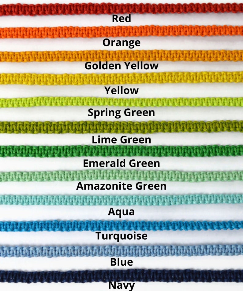 May include: A color chart featuring rows of macrame cord in various colors. The colors include red, orange, golden yellow, yellow, spring green, lime green, emerald green, amazonite green, aqua, turquoise, blue, and navy.