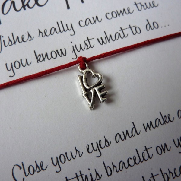 Wish Bracelet - Love Heart charm L.O.V.E. Valentine Gift Valentine's Day LOVE Token Choice of colours - Wish Knots