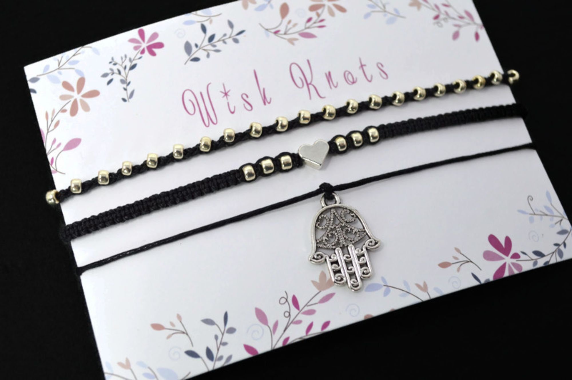 Black Silver Stack of 3 Luck Bracelets Hamsa Hand Charm Crocheted Bead Bracelet Macrame Heart Set of Three Stacking Bracelets Etsy