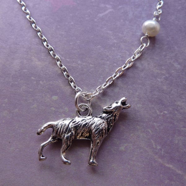 Howling Wolf & Moon Necklace / Silver Wolf Pendant / Pearl Necklace / Lunar Festival / Layering Necklace / Chain Necklace / Wish Knots