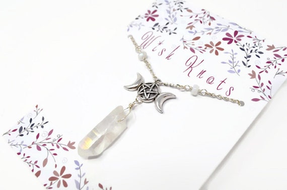 Rainbow Moonstone Triple Moon Goddess Angel Aura Necklace - Moonstone Triple Moon Pendant Rainbow Moonstone Triple Moon Goddess Angel Aura Necklace - Moonstone Triple Moon Pendant