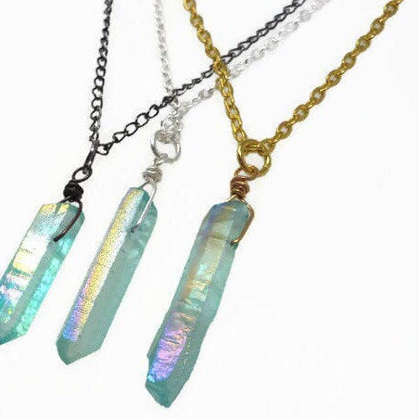 Aqua Aura Crystal Necklace - Natural   Quartz - Sky Blue Crystal - Long Layering Necklace - Meditation - Choice of Chain & Length
