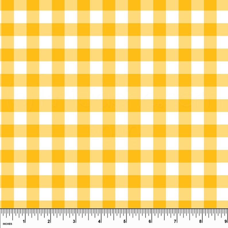 May include: Yellow and white gingham fabric with a 1-inch grid pattern.