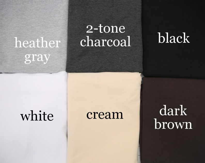 May include: Six fabric swatches in different colors: heather gray, 2-tone charcoal, black, white, cream, and dark brown.