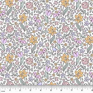 May include: A fabric with a floral pattern featuring daffodils, tulips, and other flowers in pastel colors. The design includes yellow, pink, purple, and blue flowers with green leaves on a white background. The ruler at the bottom measures in inches.