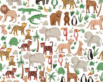 Riley Blake Wild Side Animals on White Flannel. Sold in 1/2 Yard Increments