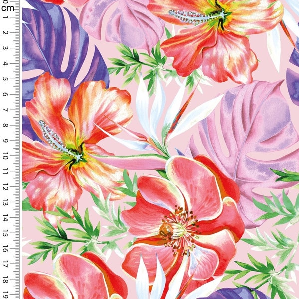 Tropical Floral on Pink Viscose Jersey. Sold in 1/2 Yard Increments