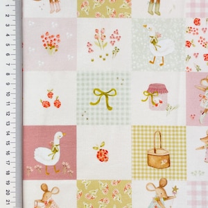 May include: A patterned fabric with a patchwork design. The squares contain illustrations of flowers, geese, bows, jam jars, baskets, and mice. The color scheme is a mix of pink, green, and white, creating a whimsical and charming design.
