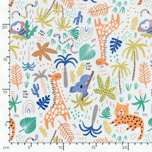 May include: A white fabric with a repeating pattern of jungle animals and plants. The pattern includes giraffes, monkeys, koalas, snakes, palm trees, and cacti. The animals are drawn in a cartoon style and are colorful.