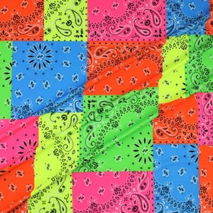 May include: A patchwork of brightly coloured bandanas in neon shades of pink, orange, green, and yellow, featuring a classic paisley pattern. The bandanas are arranged in a grid, creating a bold design.