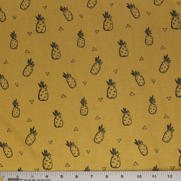 Designer Overstock Sketched Pineapple on Mustard French Terry Knit. Sold by the 1/2 Yard