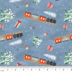 May include: A repeating pattern featuring watercolor illustrations of Christmas trains, gifts, snow-covered pine trees, and jingle bells on a blue background. The trains have red passenger cars and black engines. The gifts are wrapped with red ribbons.
