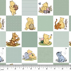 May include: A fabric pattern featuring Winnie the Pooh and friends in a checkered design. The squares alternate between white backgrounds with character illustrations and light green patterns. The characters include Pooh, Tigger, Piglet, and Eeyore.